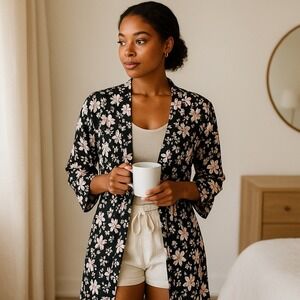 Rene Rofe Womens Blk/Pink Floral Tie Robe Loungewear M| Dark Romantic Soft Goth‎